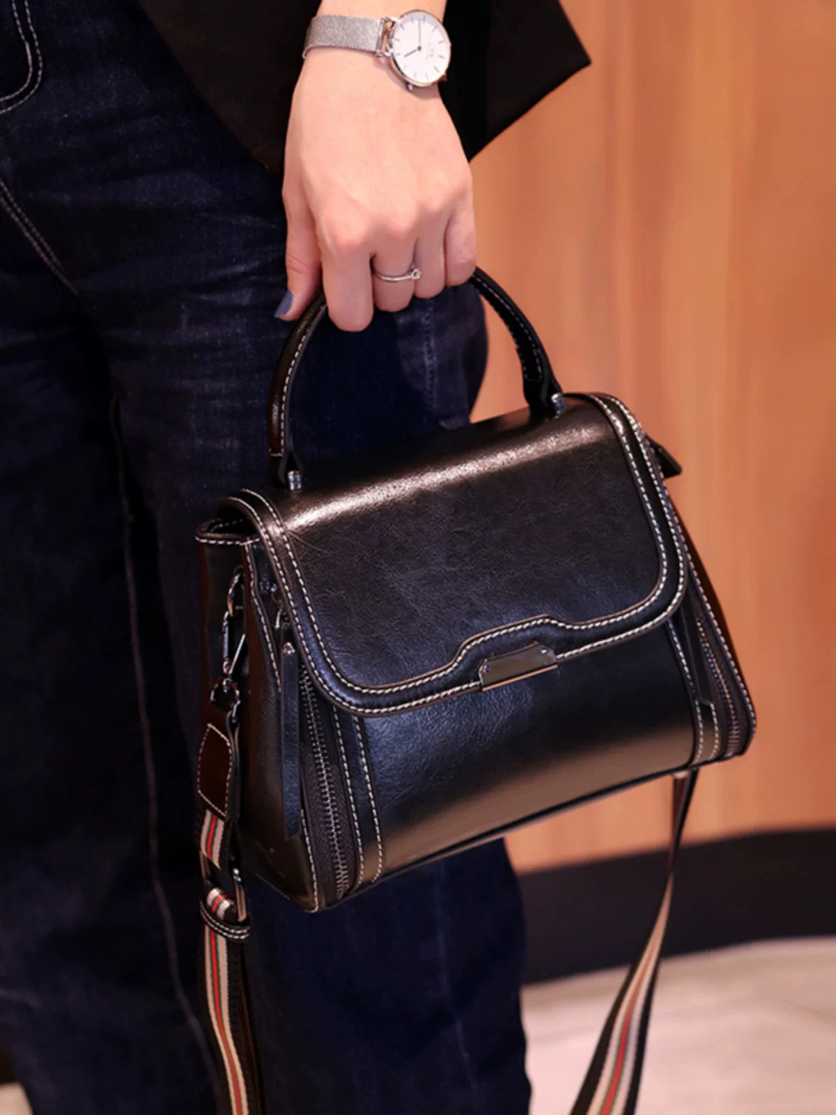 MABEL SPLIT COWHIDE LEATHER SHOULDER BAG