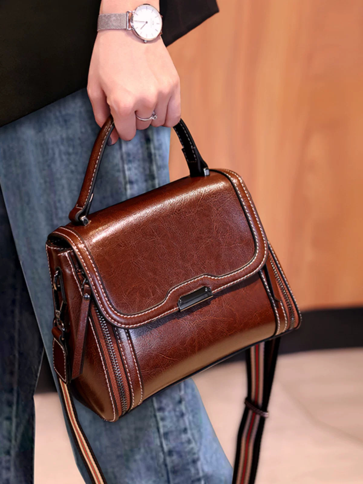 MABEL SPLIT COWHIDE LEATHER SHOULDER BAG