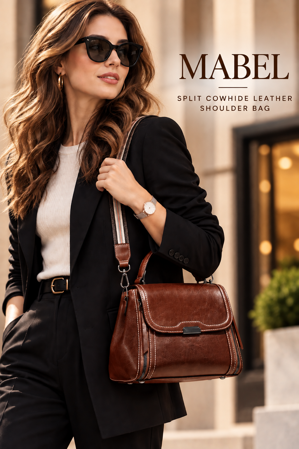 MABEL SPLIT COWHIDE LEATHER SHOULDER BAG