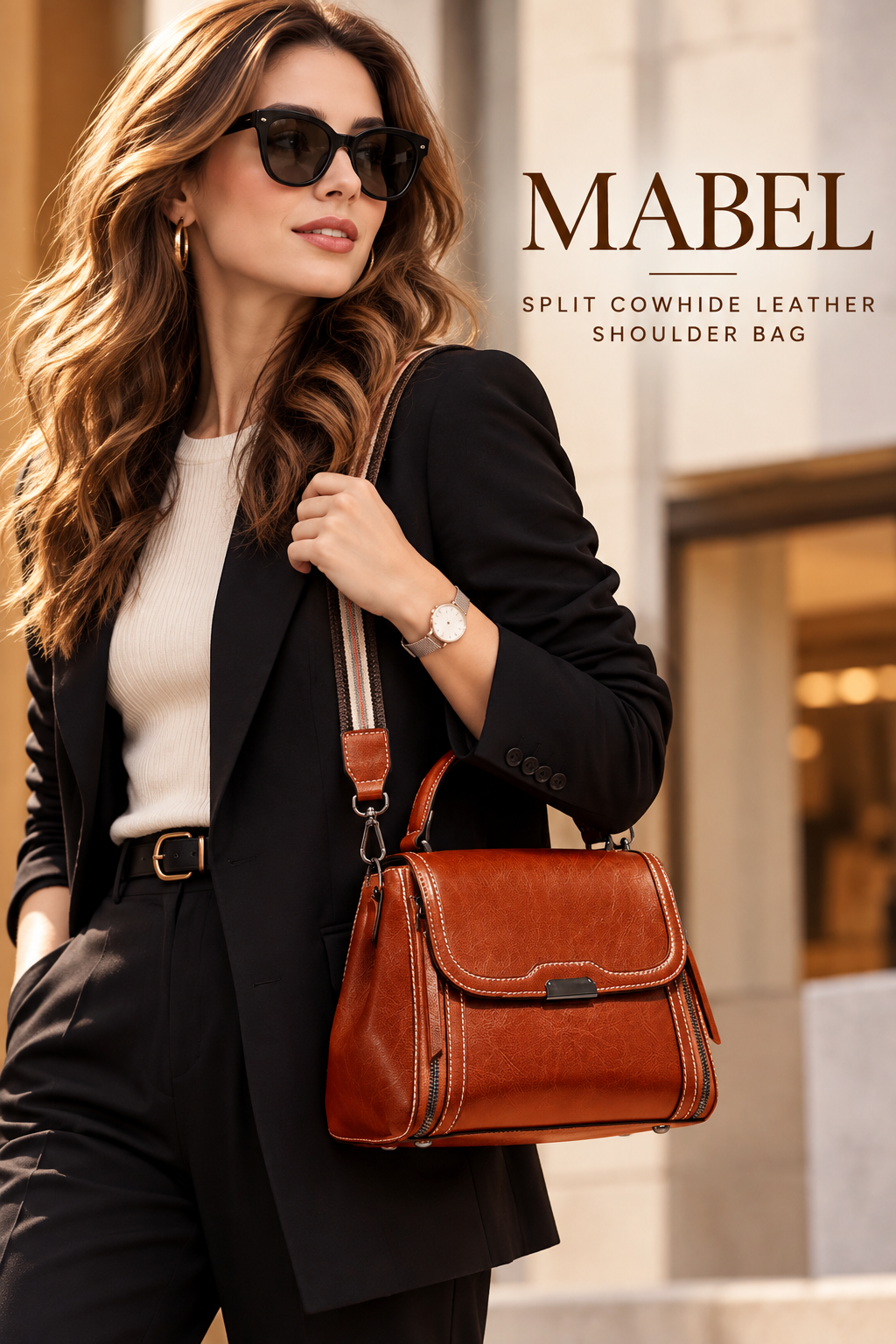 MABEL SPLIT COWHIDE LEATHER SHOULDER BAG
