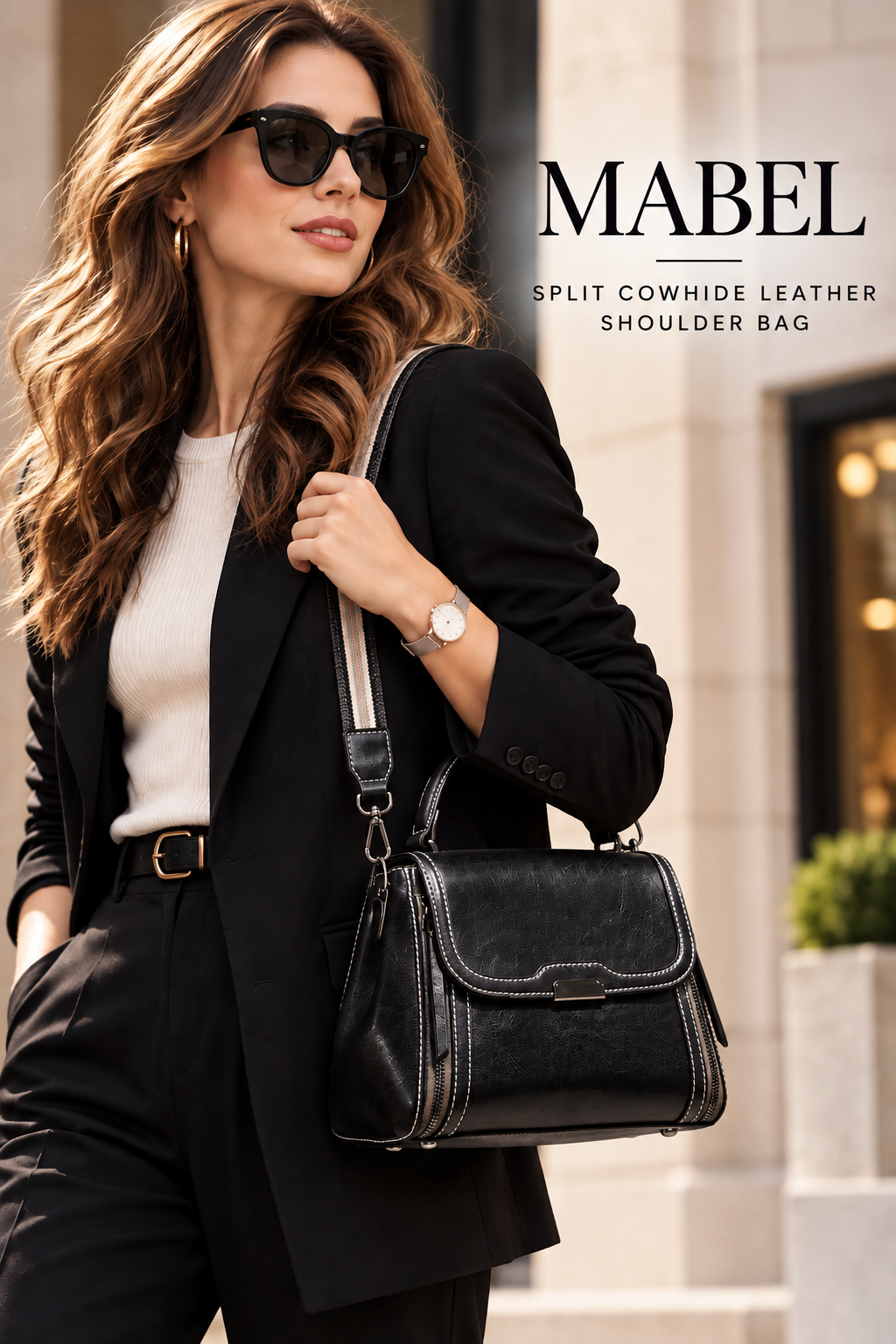 MABEL SPLIT COWHIDE LEATHER SHOULDER BAG